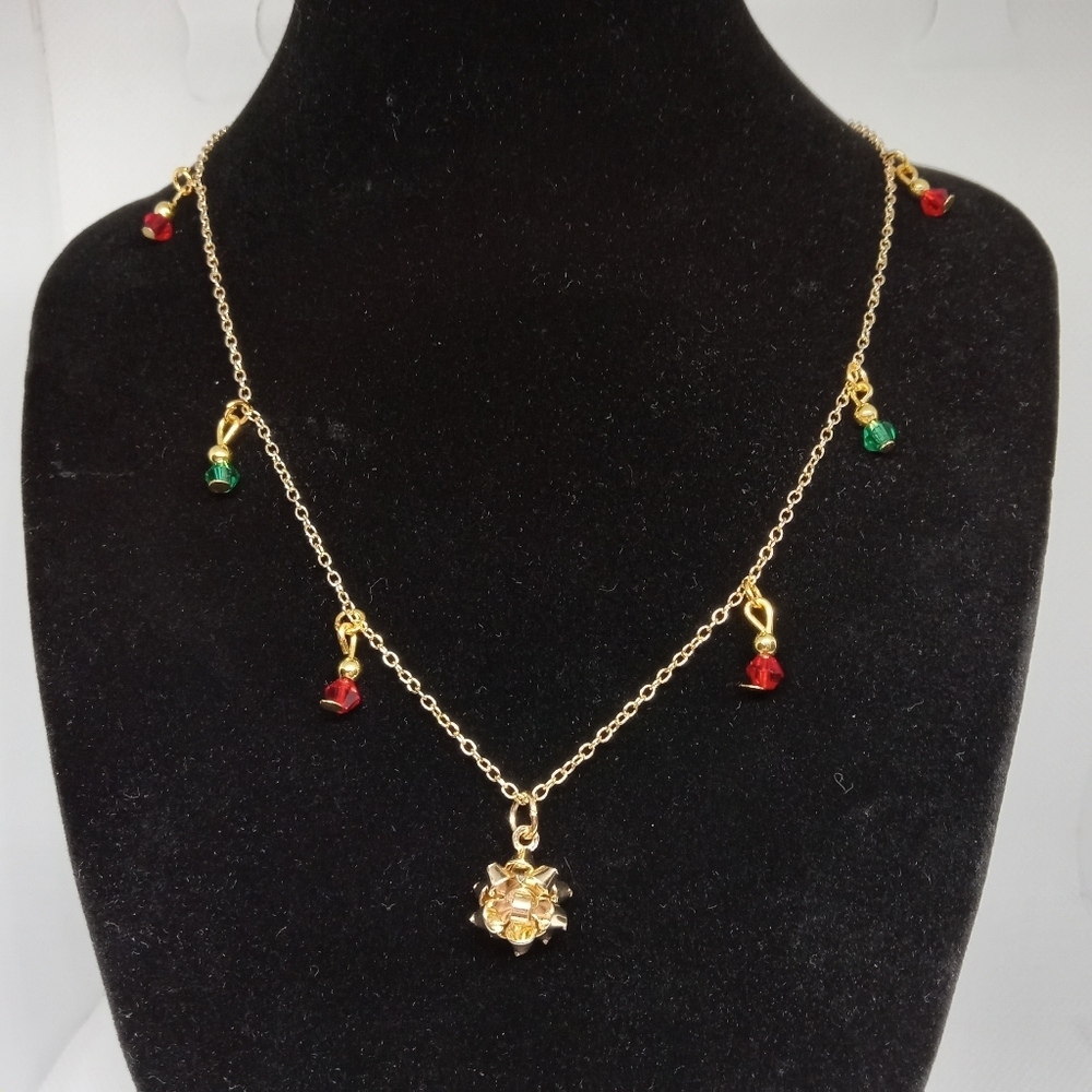 Hand Crafted Gold Necklace with Red and Green Accents